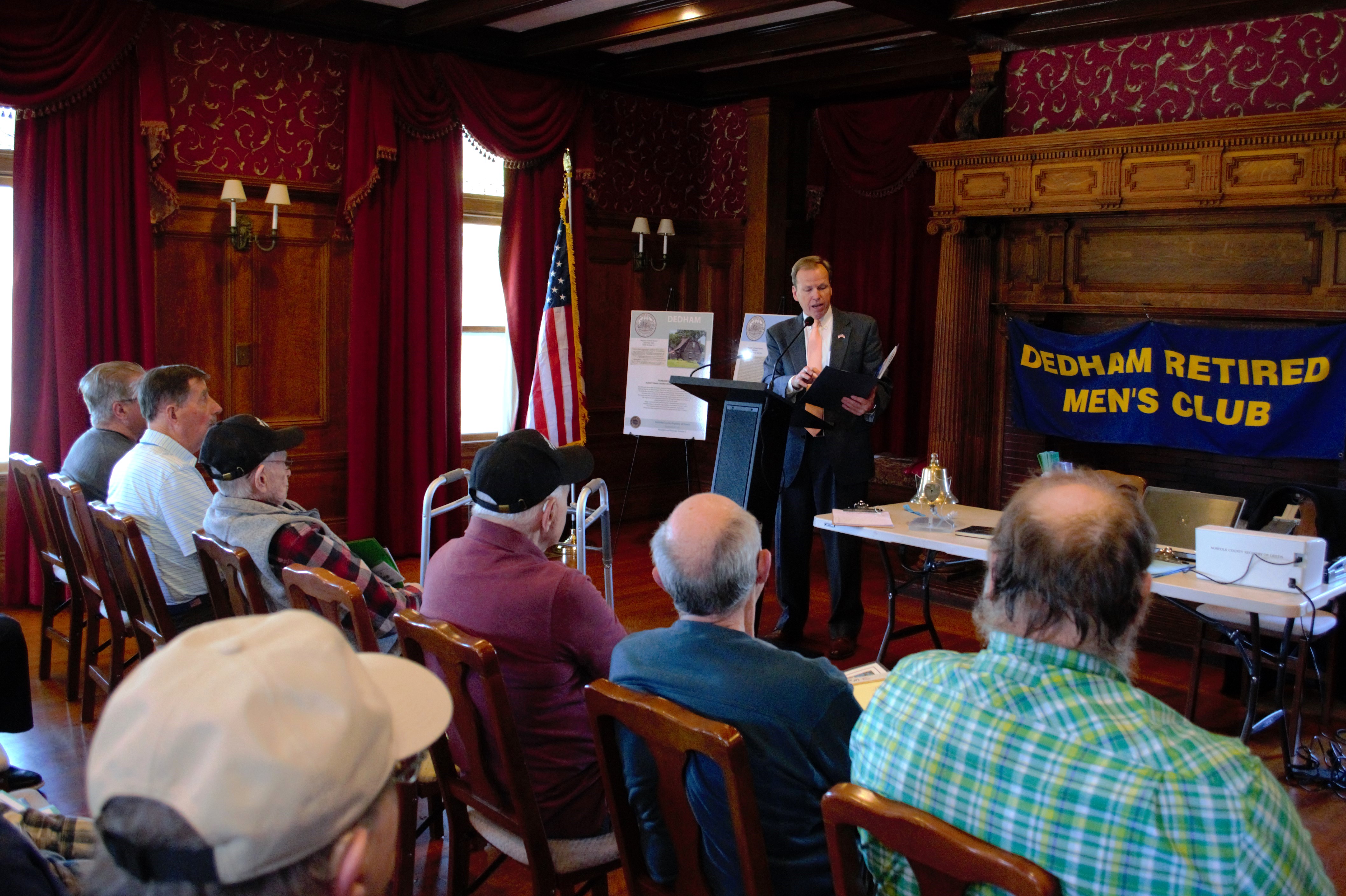 Norfolk County Register of Deeds William P. O'Donnell discusses Registry of Deeds’ Notable Land records Booklets during a speaking event  at the Endicott Estate for the Dedham Retired Men’s Club, as part of his ongoing efforts to bring the Registry of Deeds directly to the residents of Norfolk County.