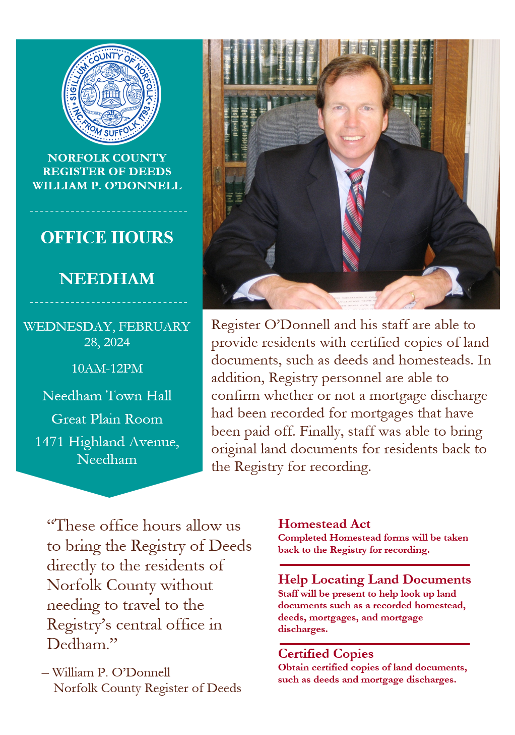 Register O’Donnell to Brings the Registry of Deeds Directly to Needham Residents