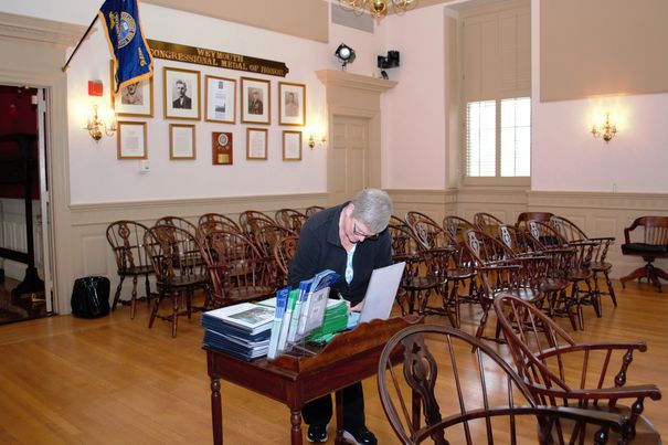 Weymouth resident Kathleen O’Day, signs in for the Registry of Deeds office hours at Weymouth Town Hall, April 3rd.